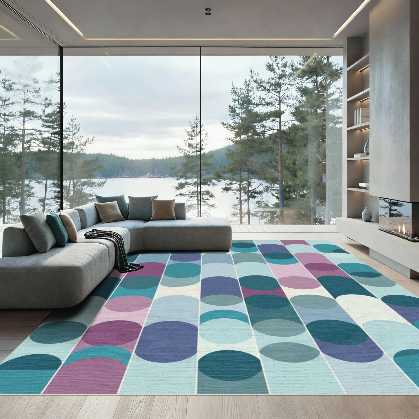 Muted Teal Purple Geometric Circles Rug