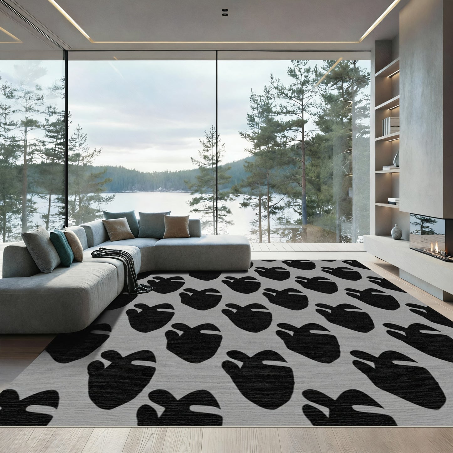 Black Gray Footprint Repeat Rug