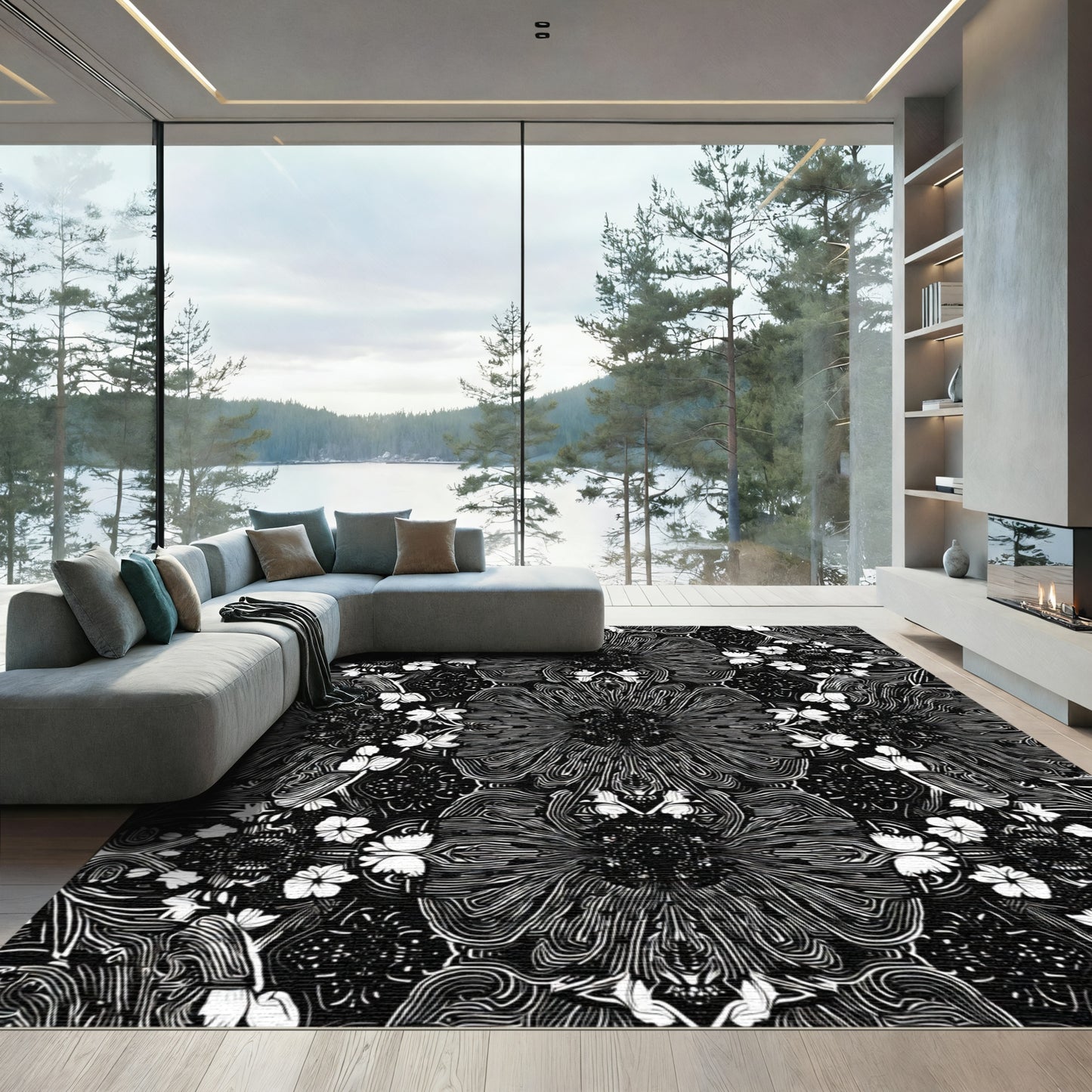 Monochromatic Black Floral Mandala Rug
