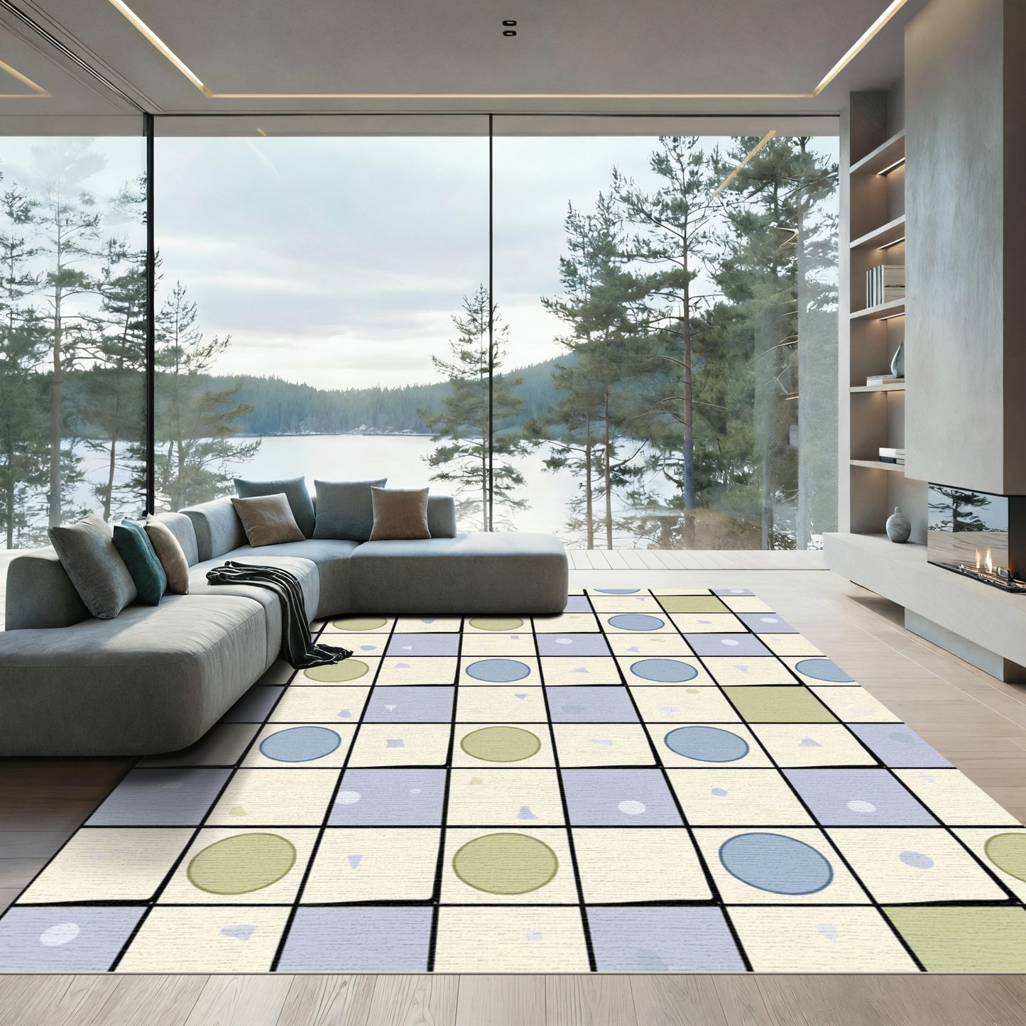 Checkerboard Blue Green Circle Patchwork Rug