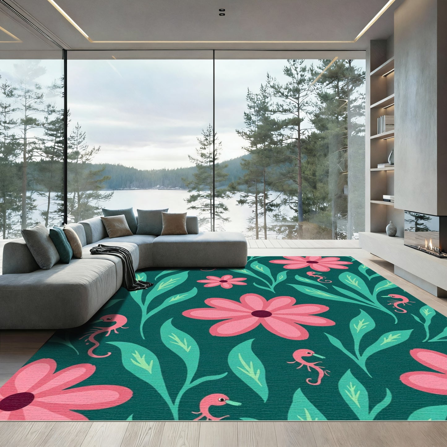 Pink Seahorse Floral Charm Rug