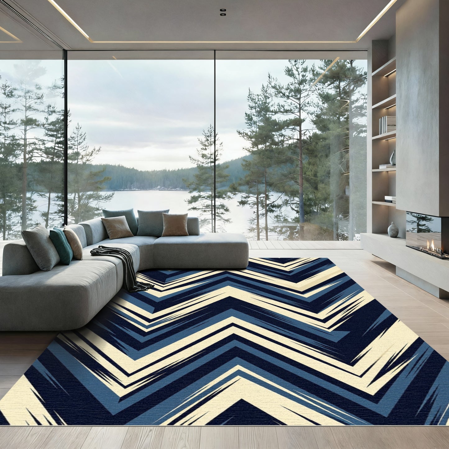 Bold Navy Blue Chevron Zigzag Rug