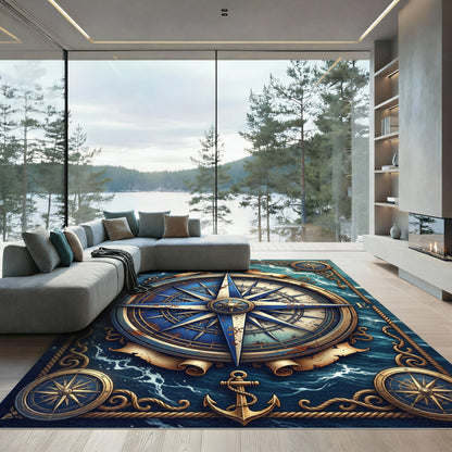 Nautical Compass Gold Blue Maritime Art Rug