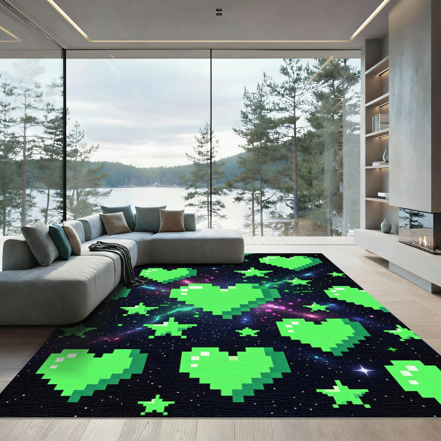 Neon Pixel Heart Galaxy Space Art Rug