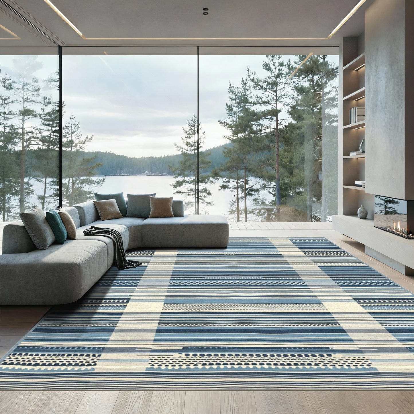 Coastal Blue Striped Woven Rug