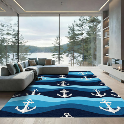 White Anchors on Navy Blue Waves Rug