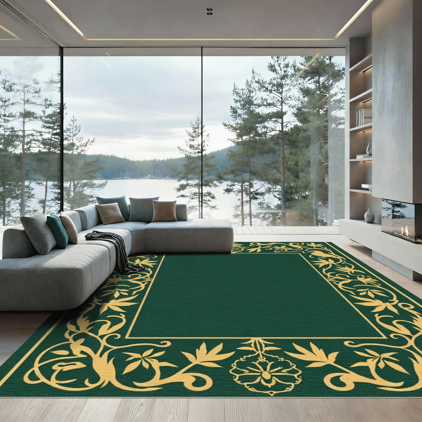 Golden Birds Green Floral Border Rug
