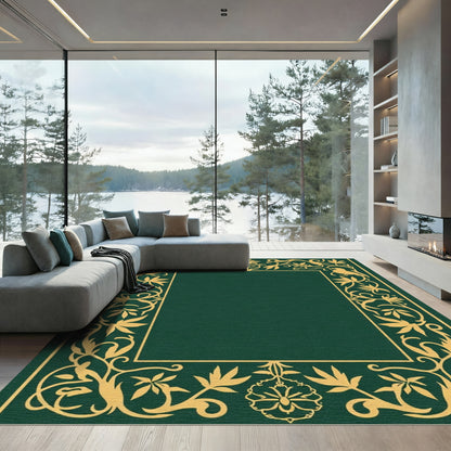 Golden Birds Green Floral Border Rug