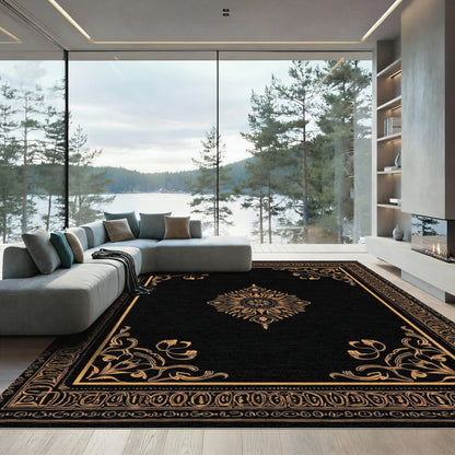 Black Orange Floral Medallion Border Rug