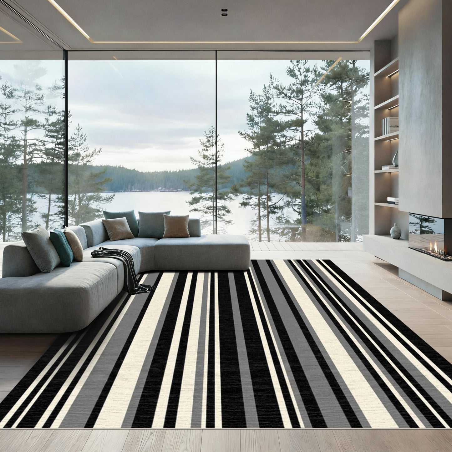 Black White Gray Vertical Stripes Rug