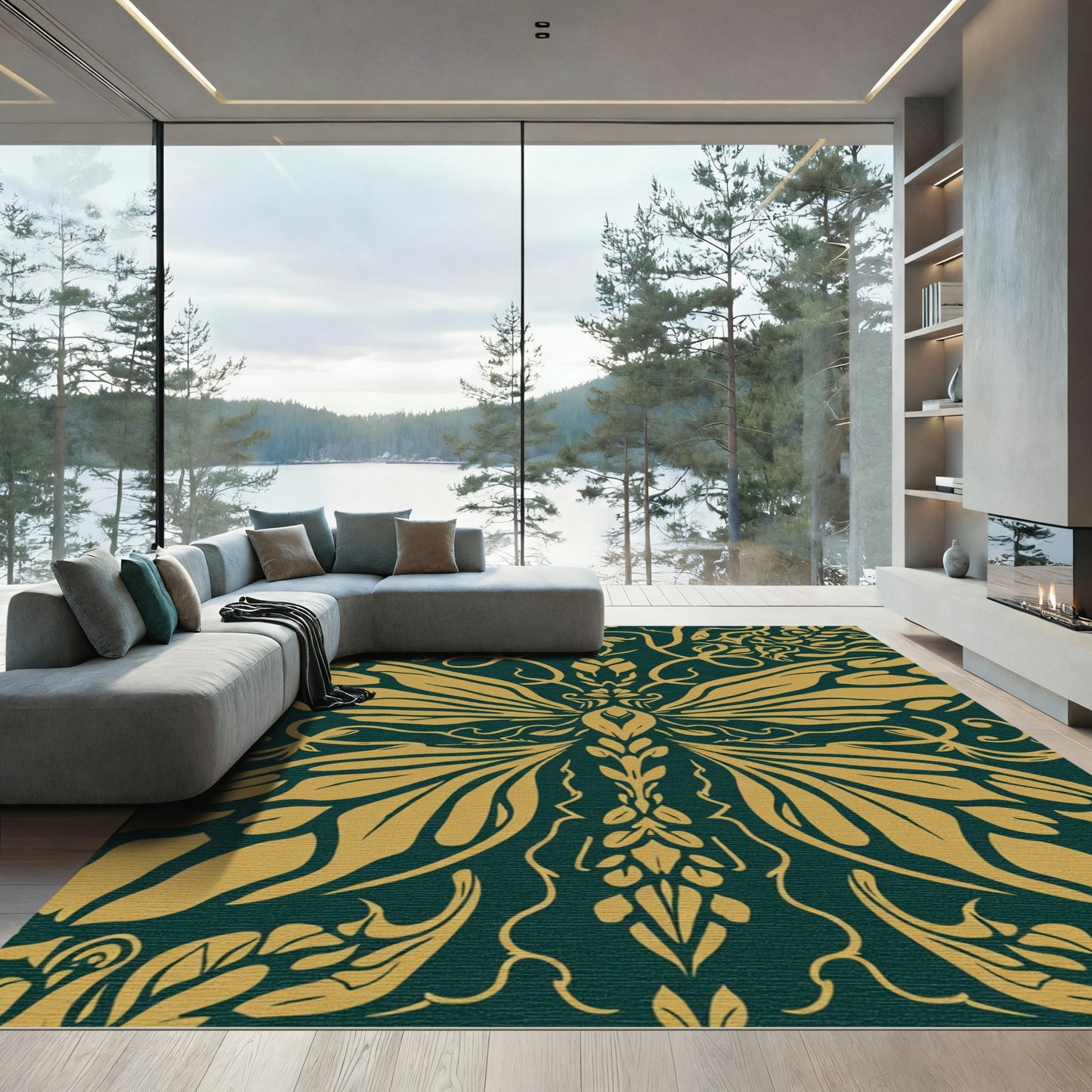 Gold And Teal Butterfly Damask Rug