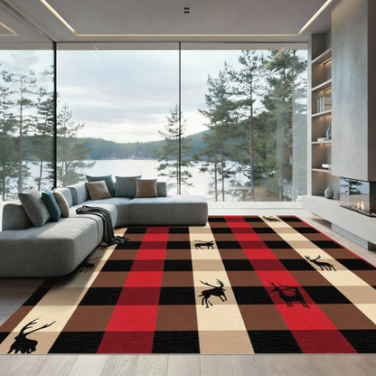 Red Black Tan Plaid Deer Companions Rug