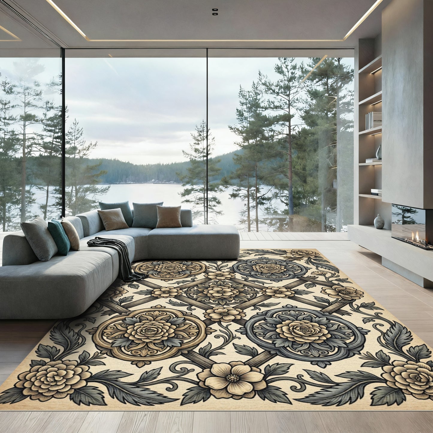Vintage Cream Floral Trellis Medallion Rug