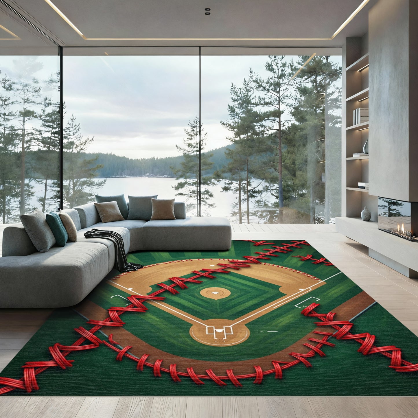Stitched Red Baseball Field Diamond Rug