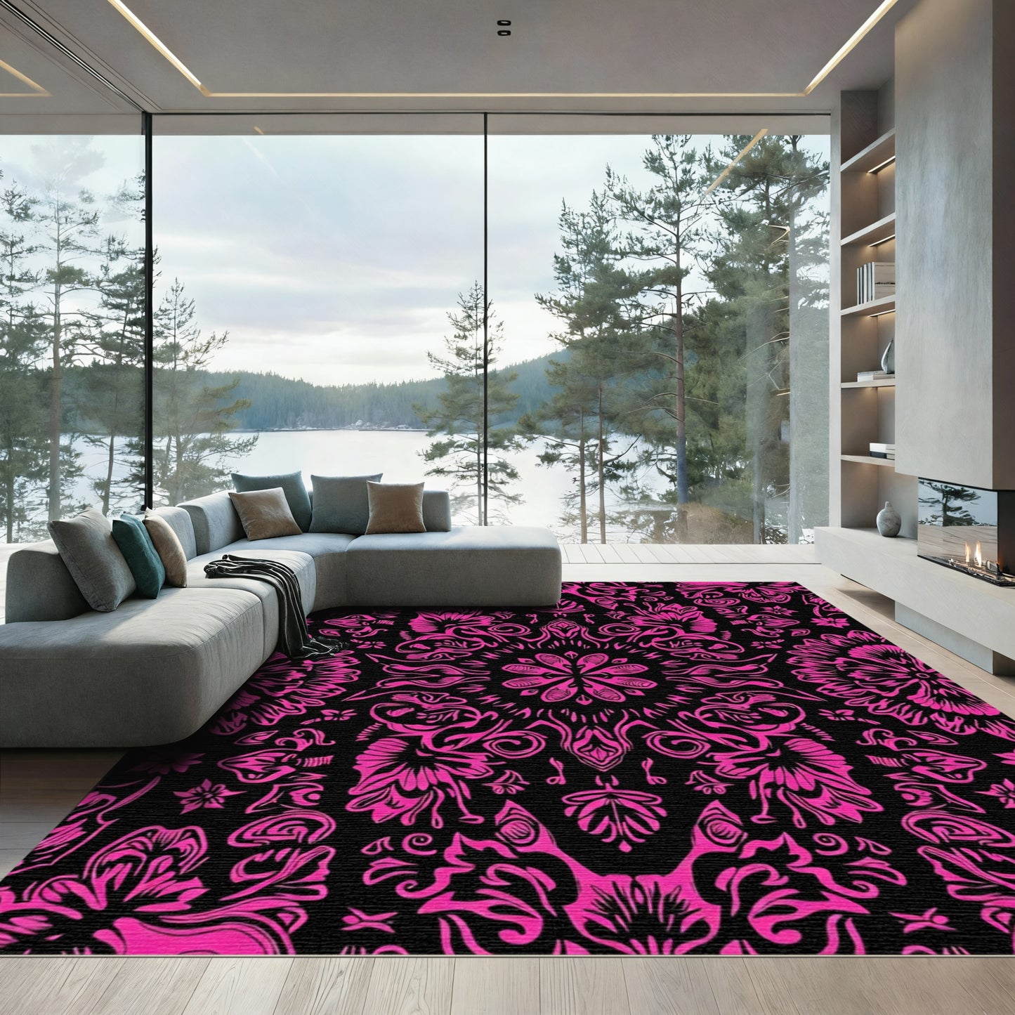 Vibrant Hot Pink Floral Mandala Rug