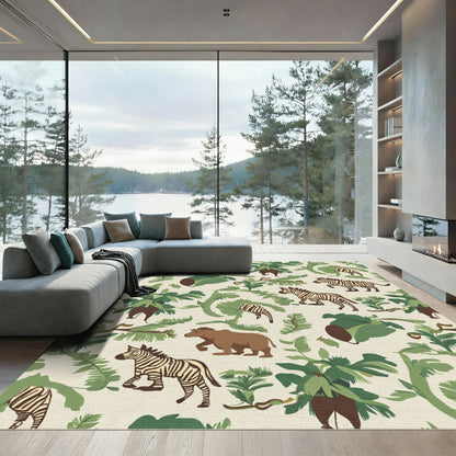 Jungle Animals Green Tropical Foliage Rug