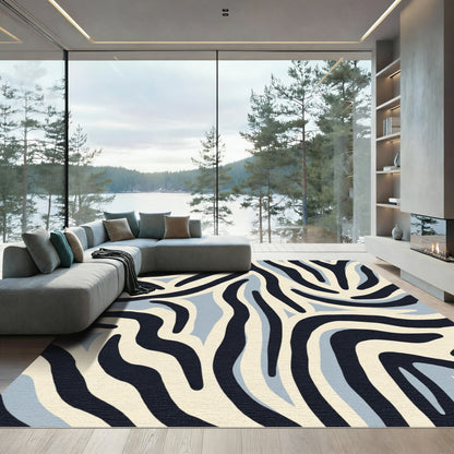 Navy Cream Abstract Zebra Stripe Rug