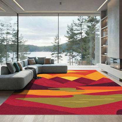 Crimson Sunset Abstract Mountain Landscape Rug