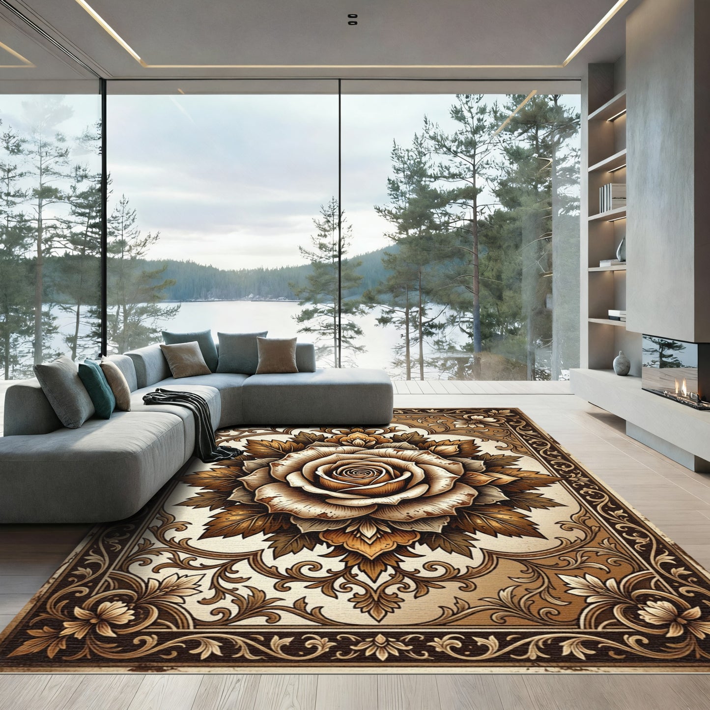 Ornate Sepia Antique Floral Rose Medallion Rug