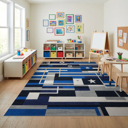 Navy Soccer Ball Star Geometric Rug