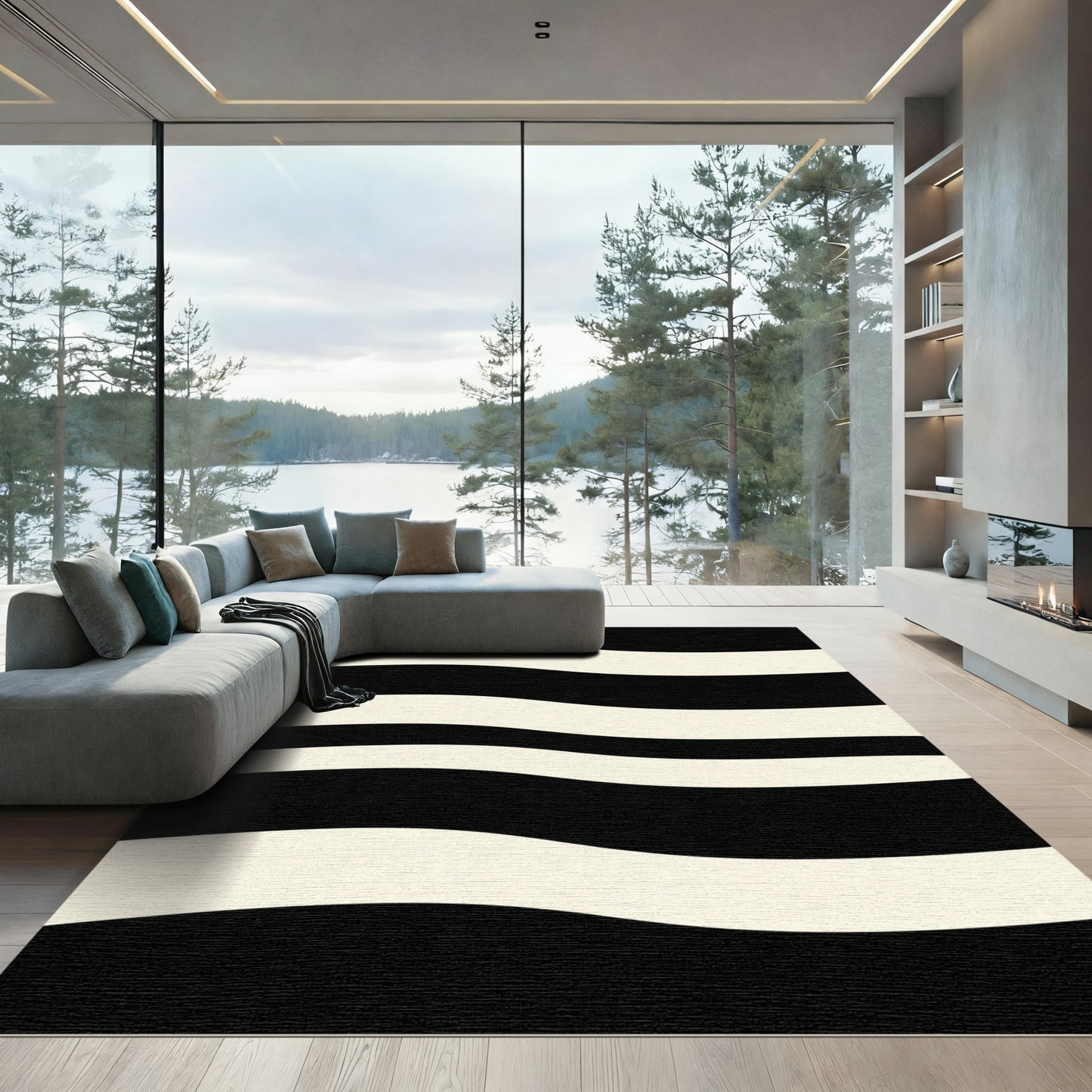 Bold Monochrome Curved Stripe Rug