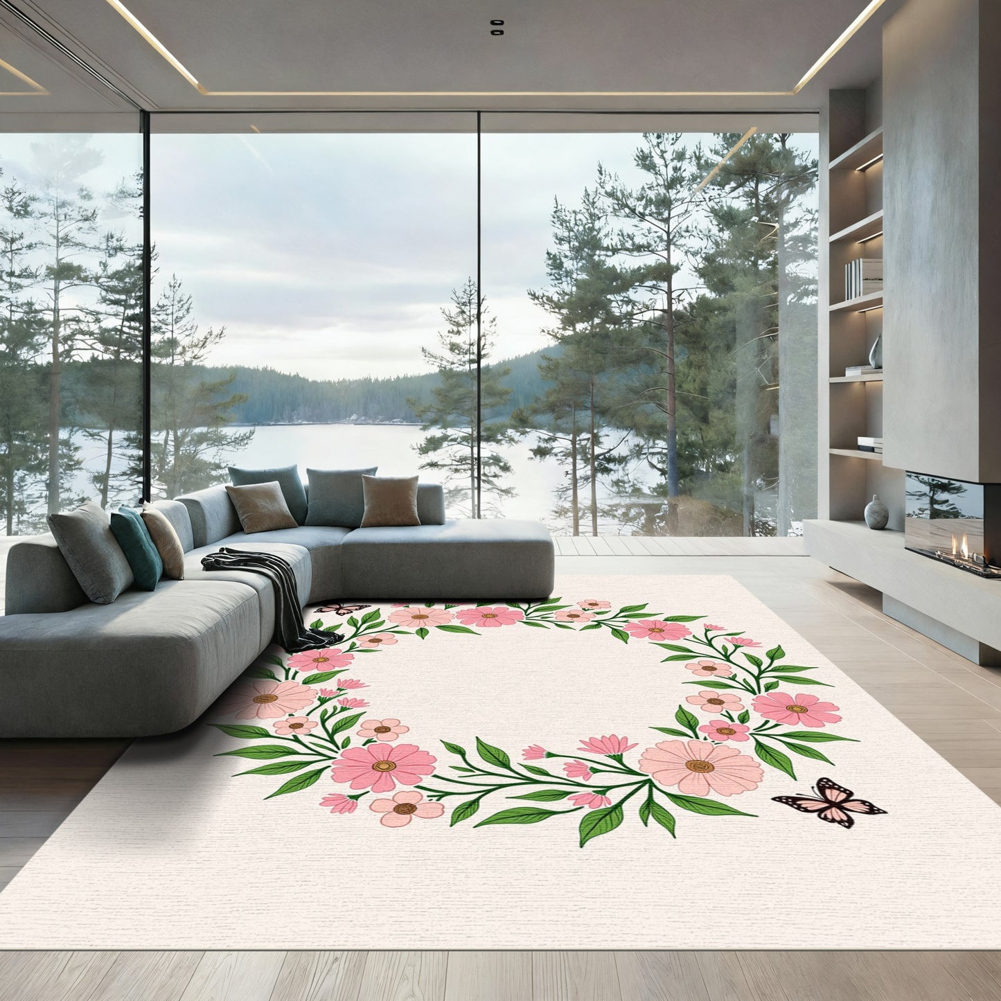 Pink Floral Butterfly Garland Rug
