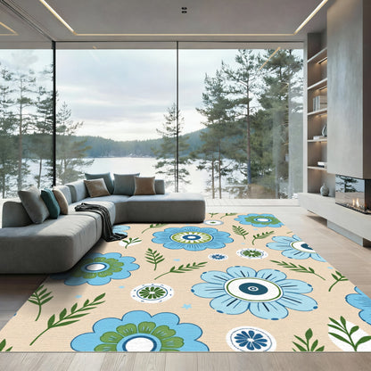Light Beige Blue Green Folk Floral Rug