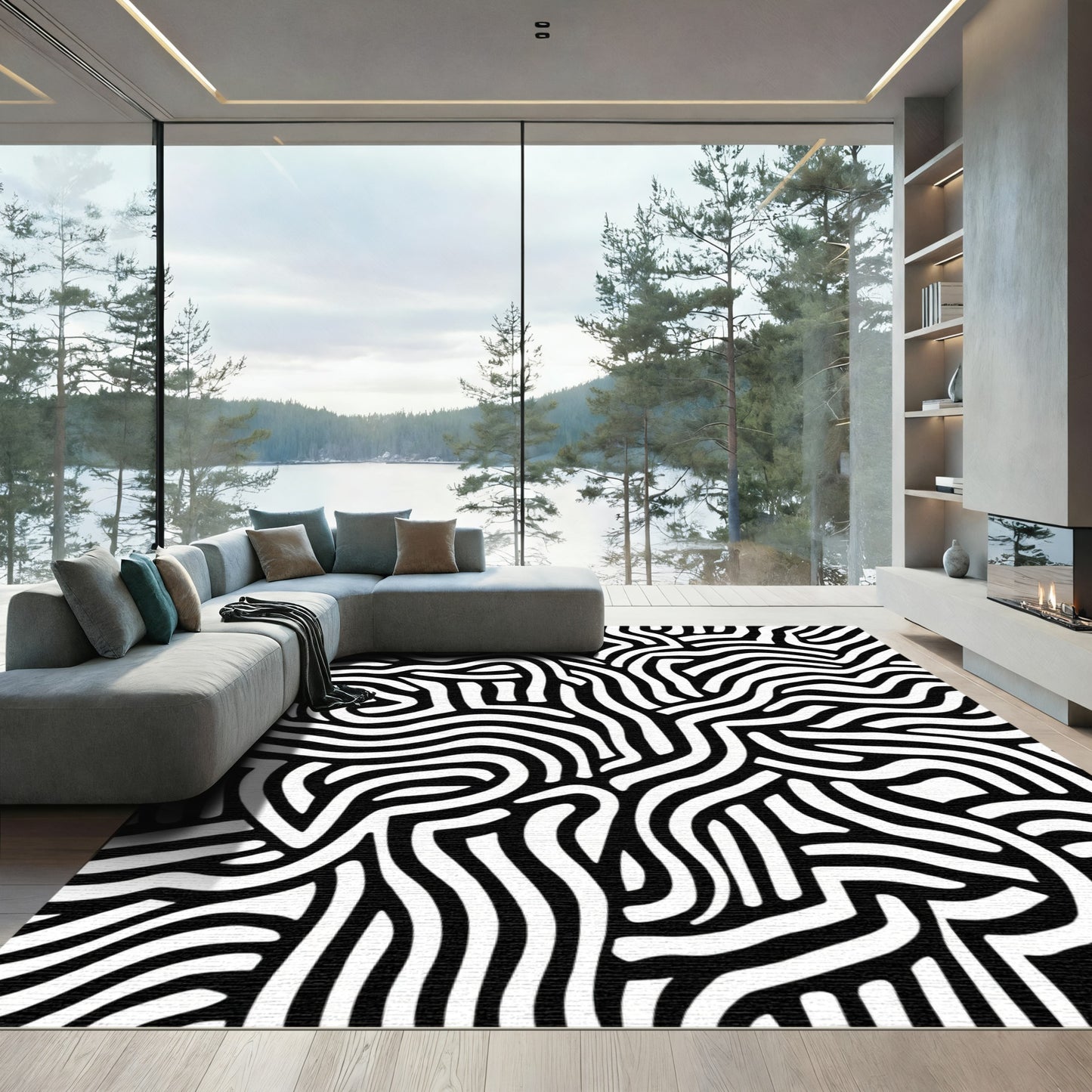 Bold Black White Maze Rug
