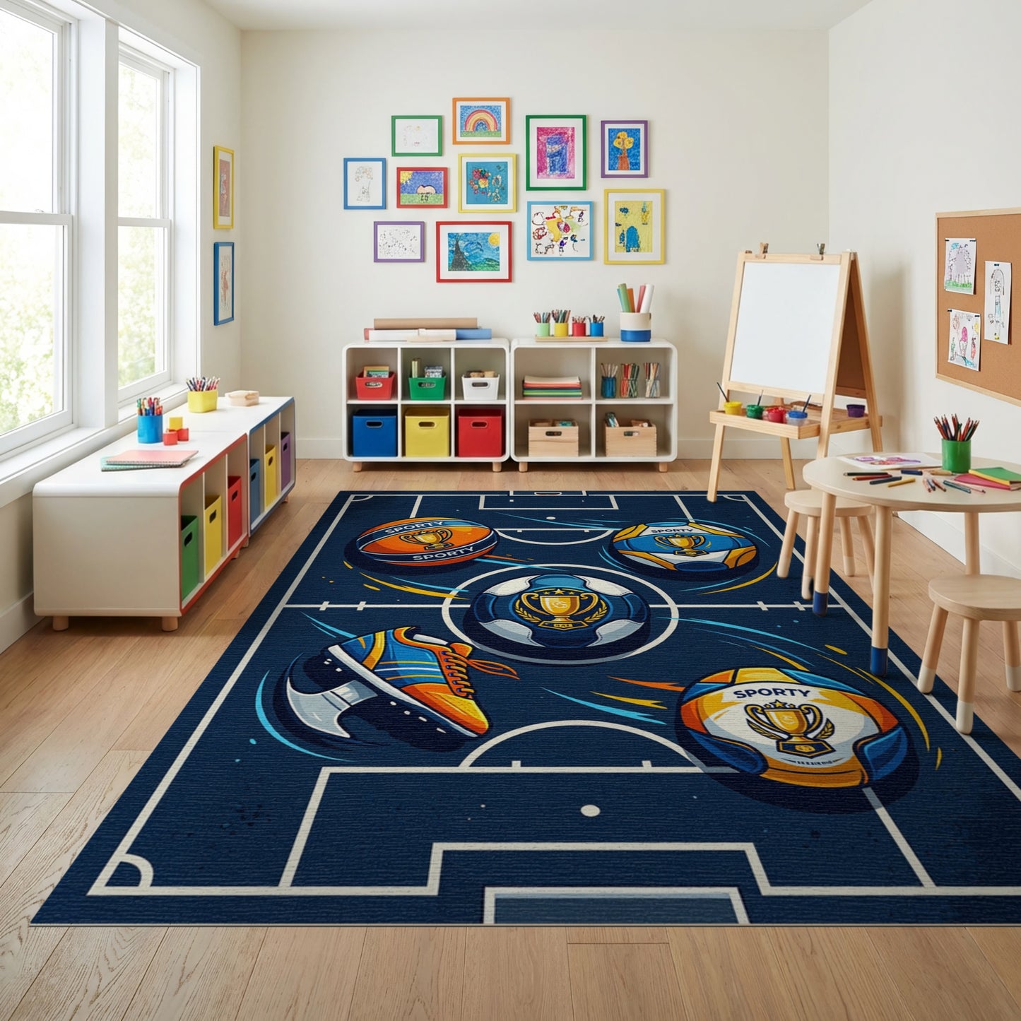 Dynamic Sports Balls Sneakers Trophies Rug