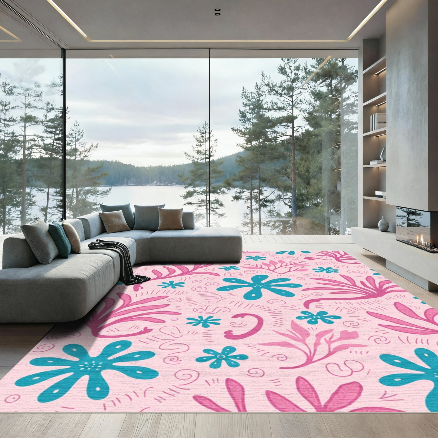 Pink Cyan Whimsical Floral Swirl Rug