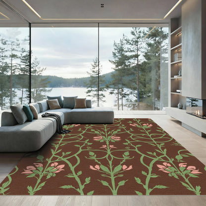 Brown Pink Floral Vine Damask Rug