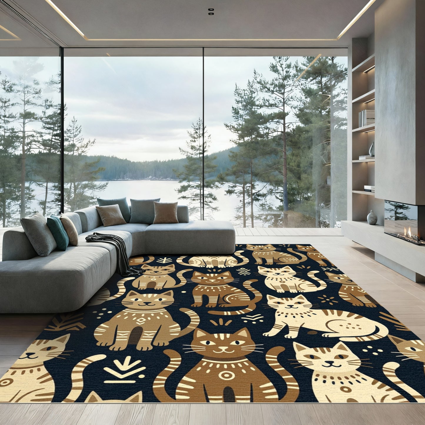 Whimsical Cats Earthy Tone Folk Art Rug