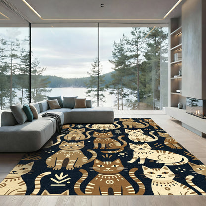 Whimsical Cats Earthy Tone Folk Art Rug