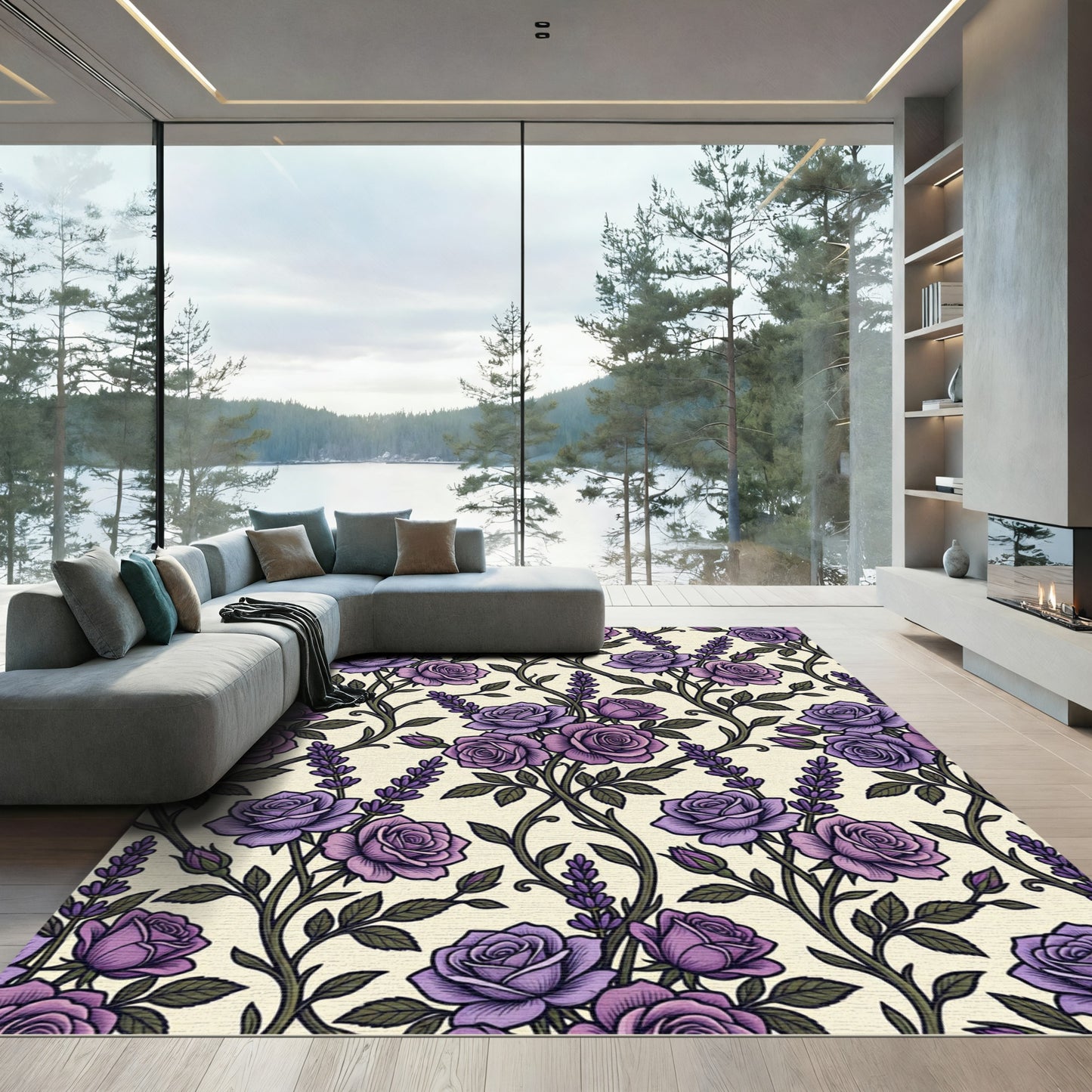 Elegant Purple Rose and Lavender Botanical Rug