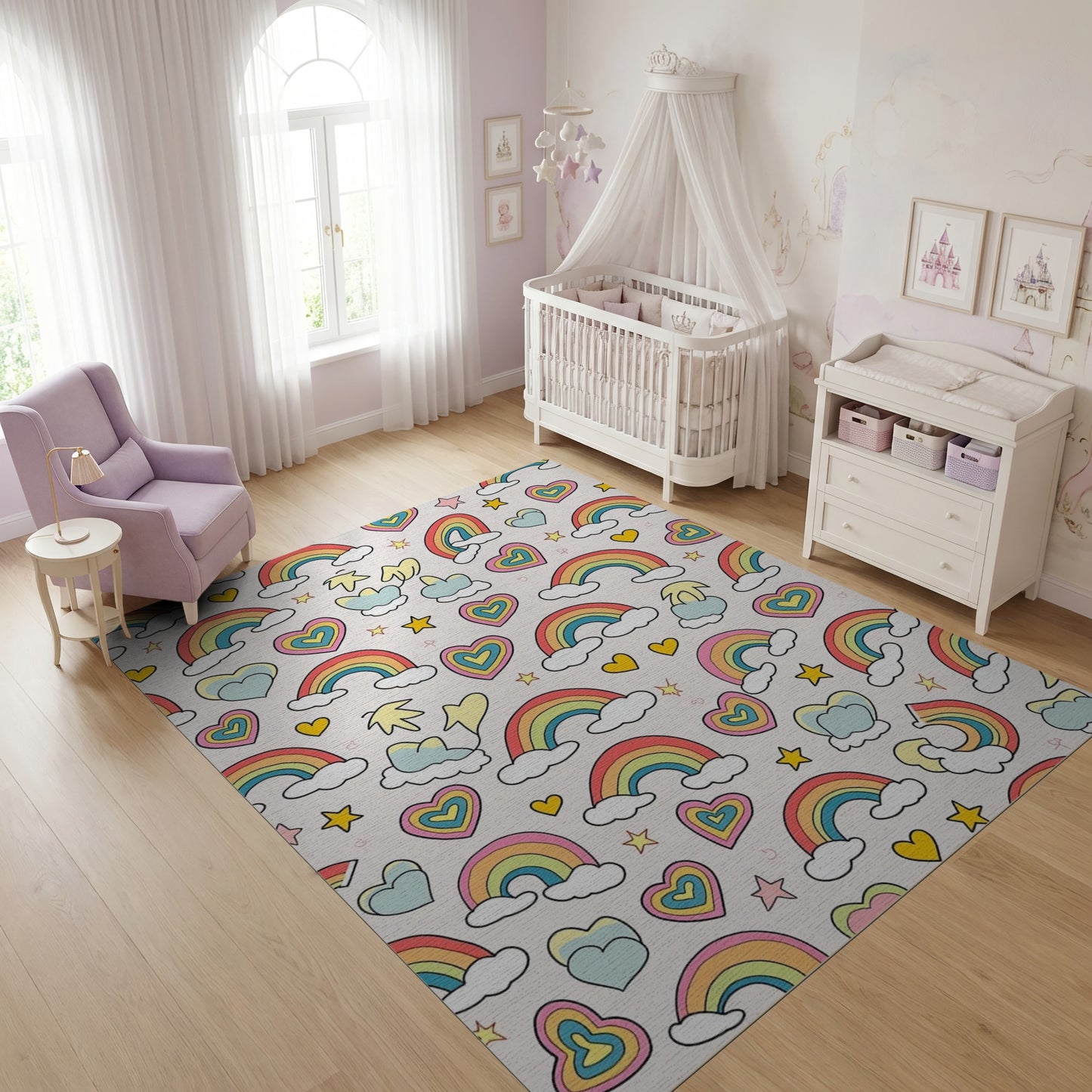 Whimsical Rainbow Hearts Stars Clouds Rug