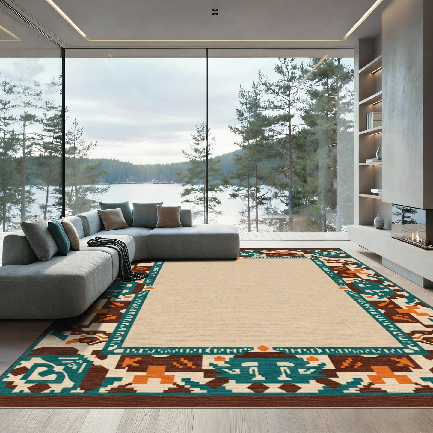 Brown Teal Orange Geometric Border Rug