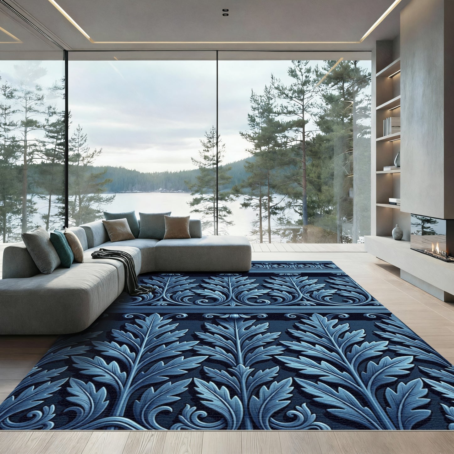 Deep Blue Acanthus Leaf Scrollwork Rug