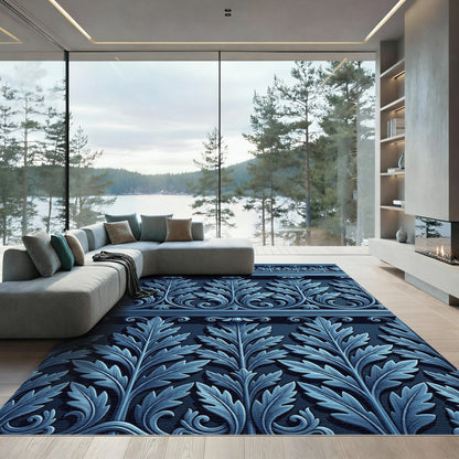 Deep Blue Acanthus Leaf Scrollwork Rug