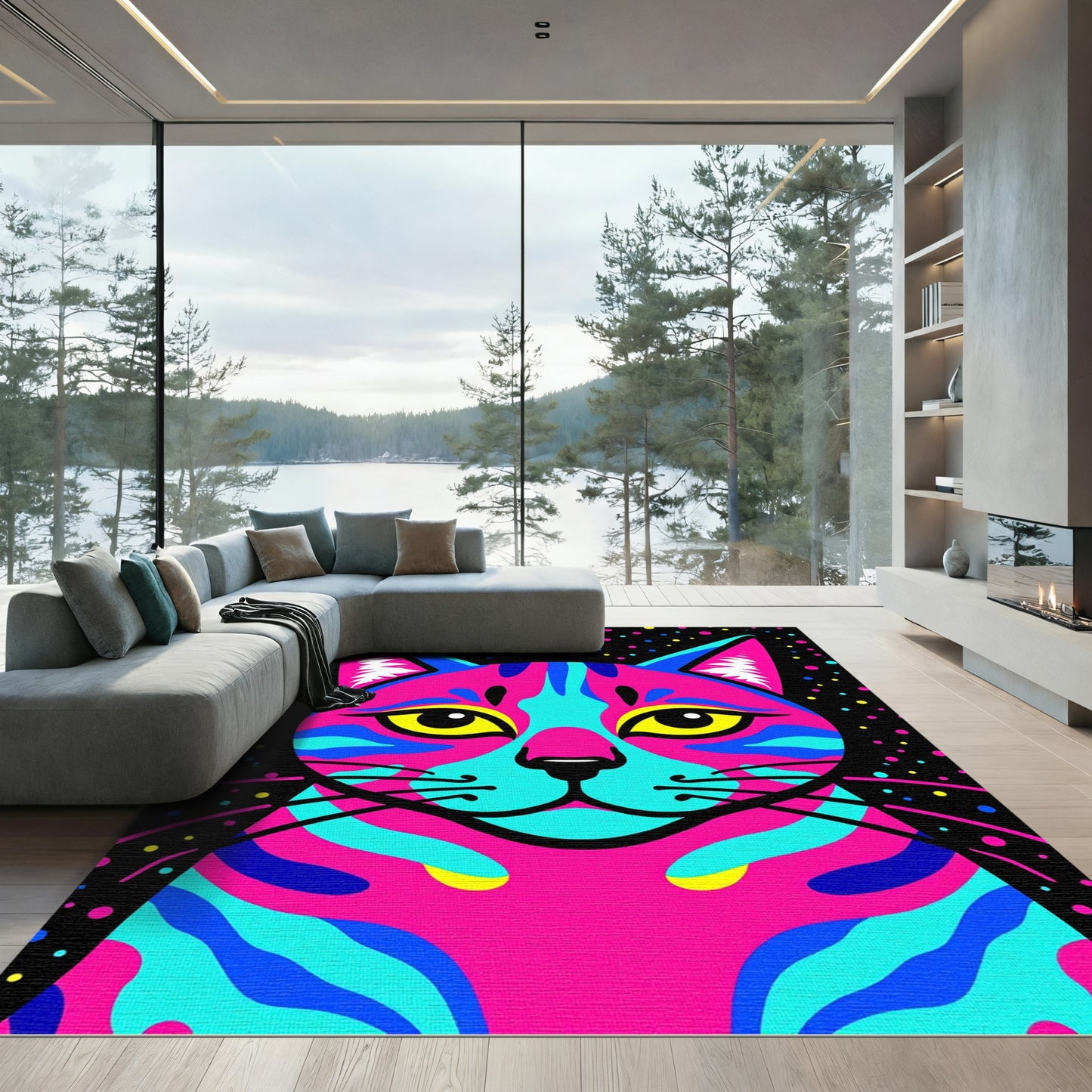 Vibrant Pink Blue Abstract Cat Spots Rug