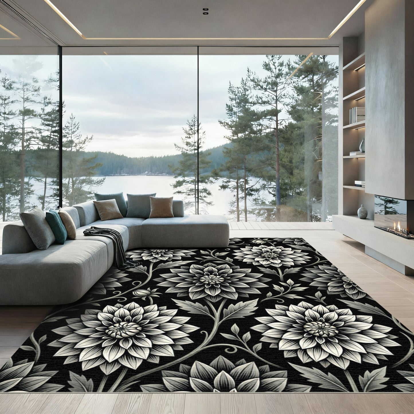 Monochromatic Floral Botanical Black White Rug