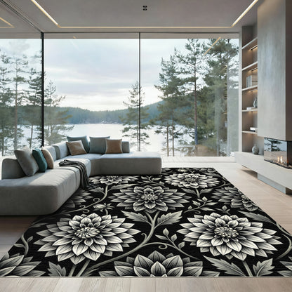 Monochromatic Floral Botanical Black White Rug