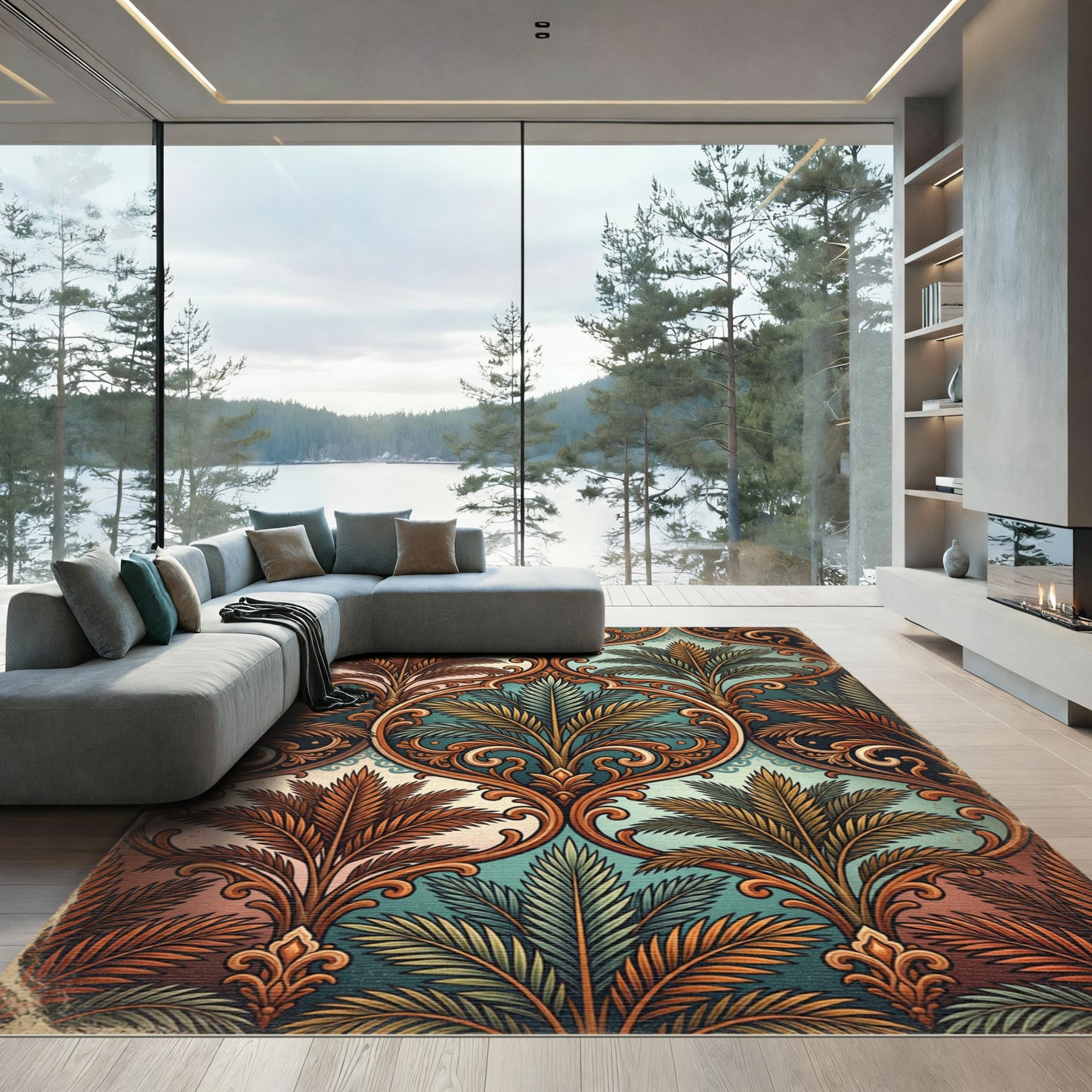 Ornate Teal and Copper Tropical Medallion Rug