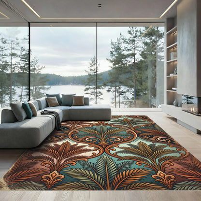 Ornate Teal and Copper Tropical Medallion Rug