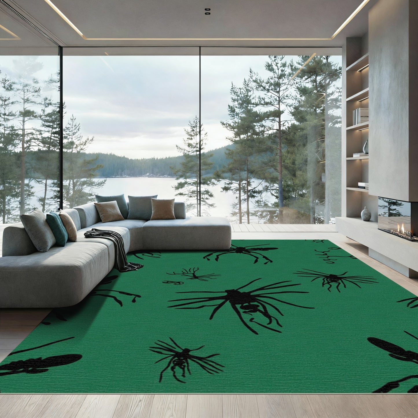 Dark Green Mosquito Silhouette Arrangement Rug