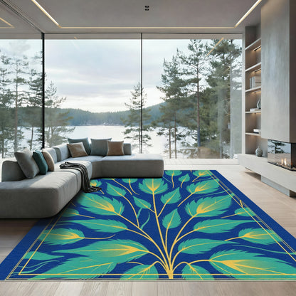 Navy Teal Yellow Leaf Branch Rug