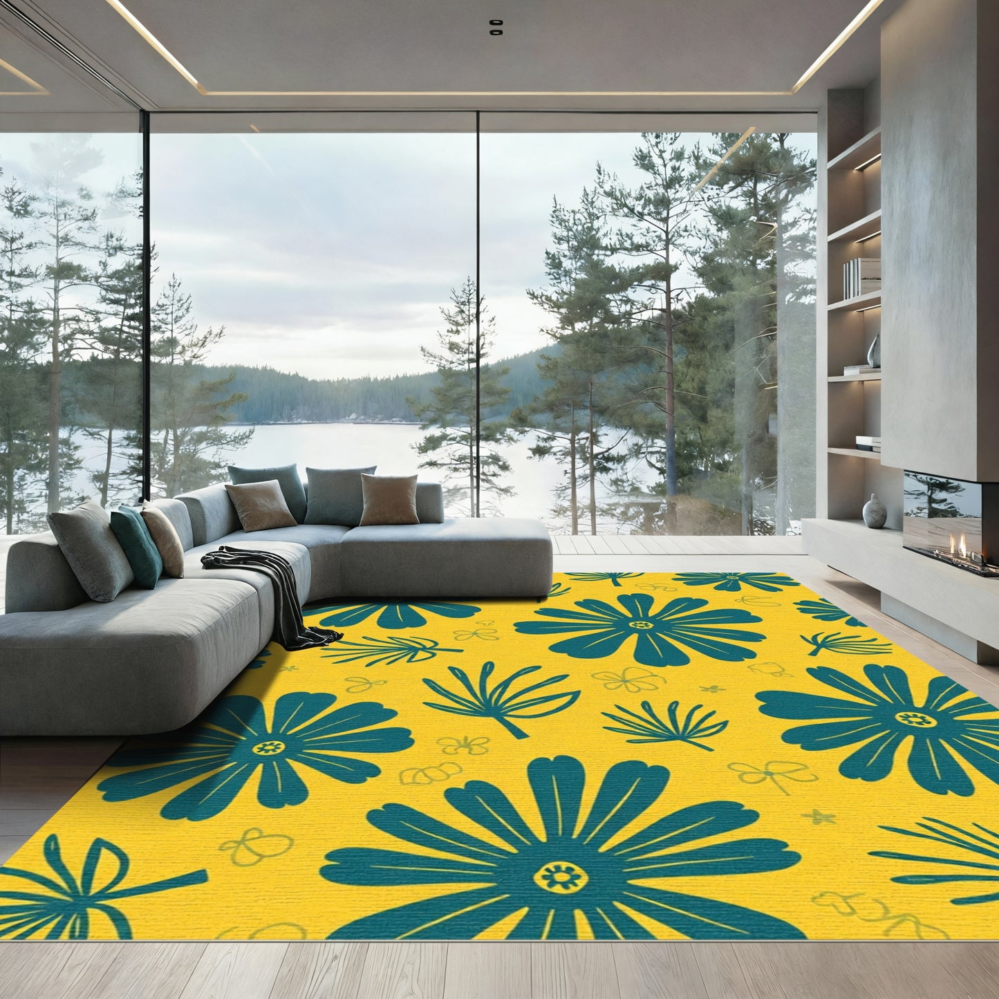 Teal Floral Composition Yellow Background Rug