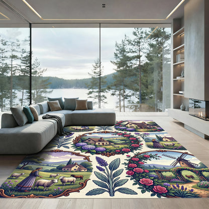 Pastoral Lavender Rose Cottage Countryside Collage Rug