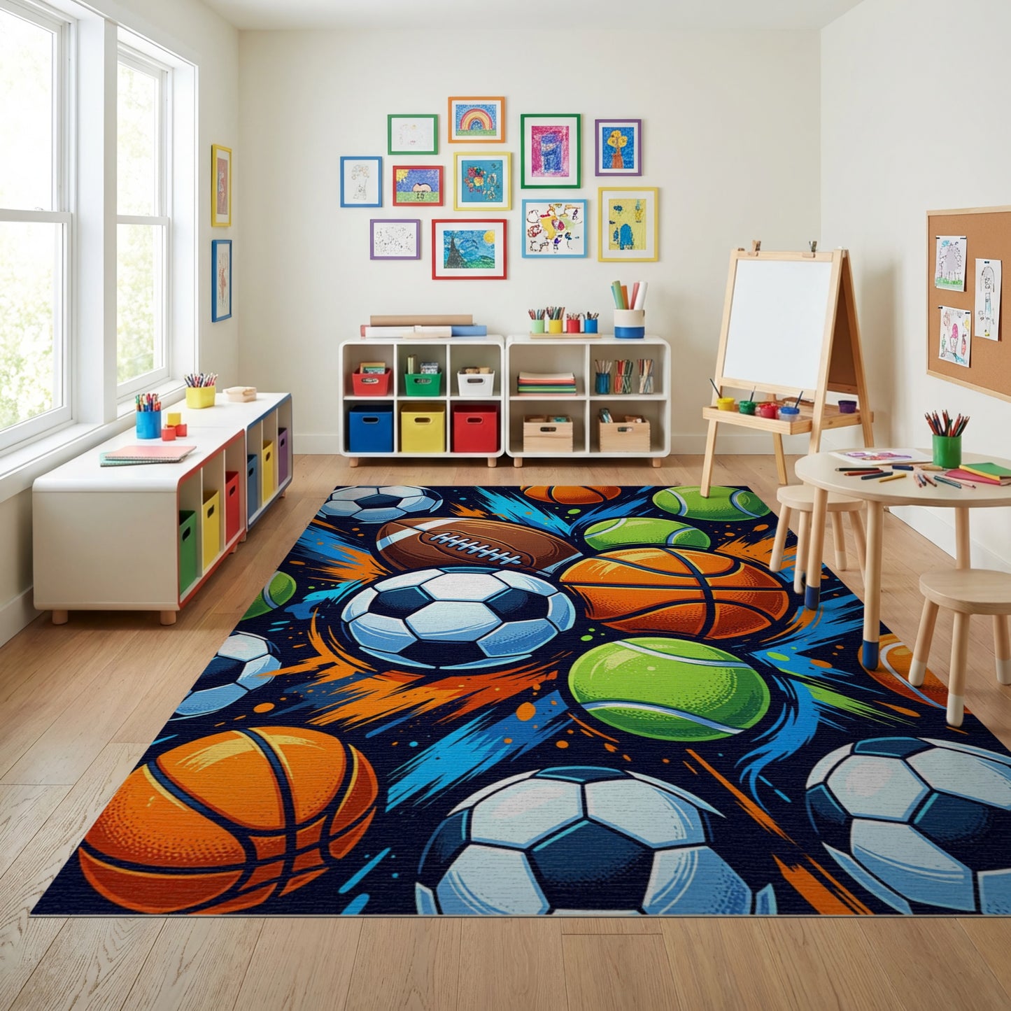 Vibrant Sports Balls Dynamic Splash Rug