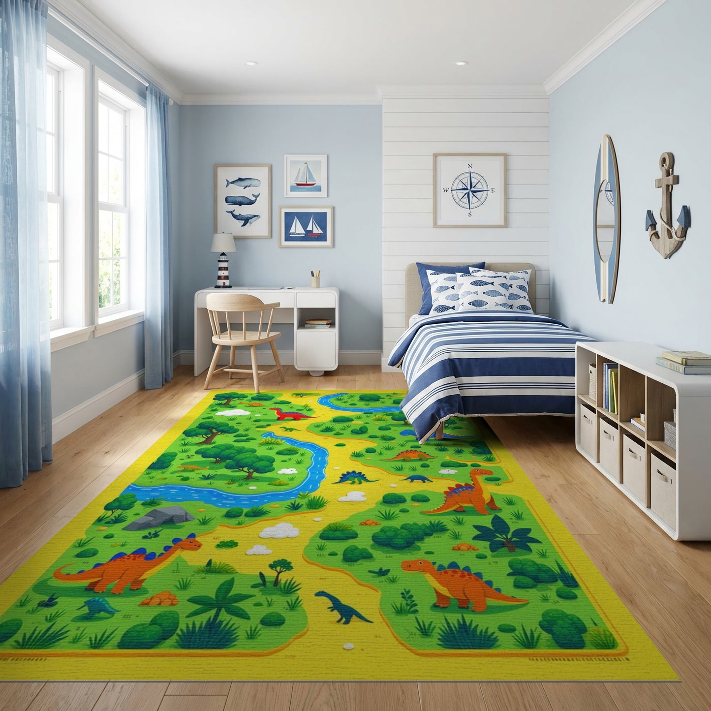 Whimsical Dinosaur Jungle River Rug