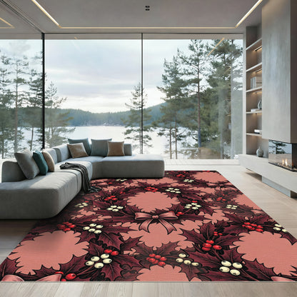 Crimson Holly Berry Bow Wreath Rug